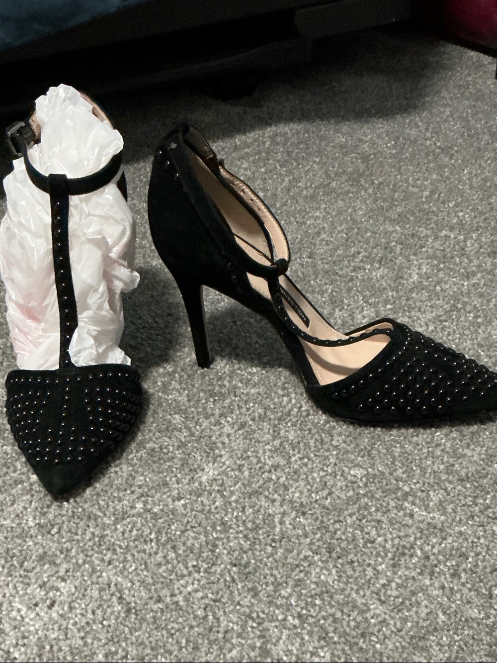 French Connection Black Studded T-Strap Pointed Heels